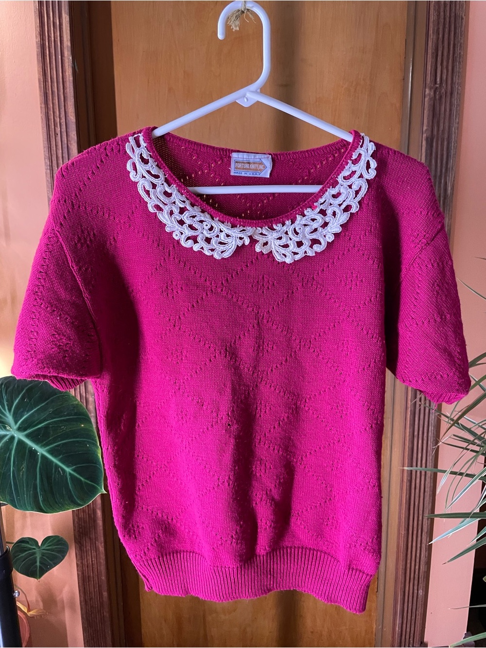 Vintage Pink Short-Sleeve Sweater with Lace Collar cottagecore made in US